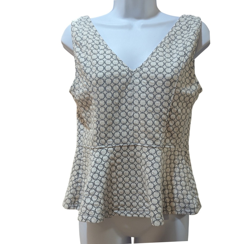 Maeve Anthropologie Peplum Top Cream Black Geometric V-Neckโ Sleeveless Small